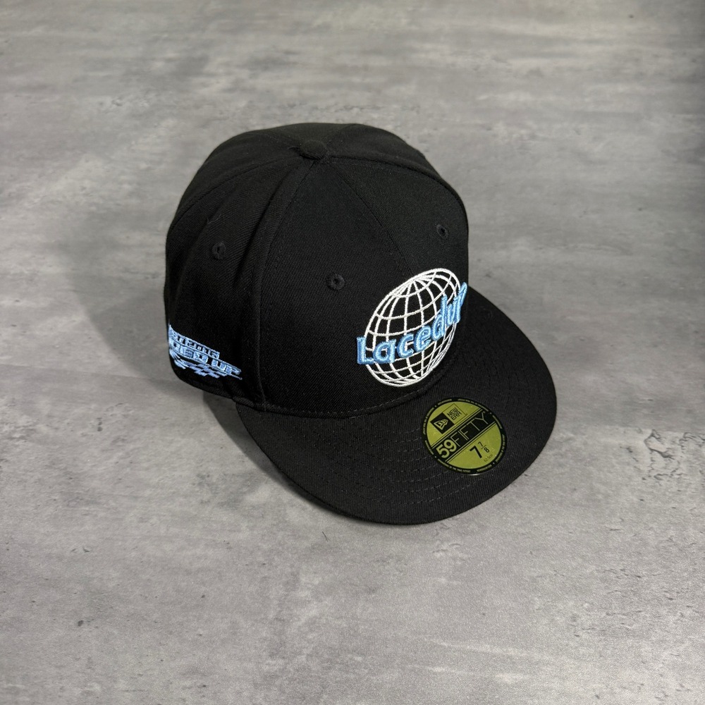 New Era Laced Up Capsule Hats 7 7/8 Black Light Blue Globe Logo 59FIFTY Cap